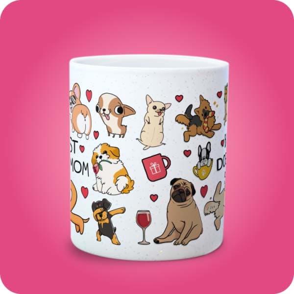 Біла чашка з блискітками "Best Dog Mom" з принтом кумедних собак, вигляд по центру