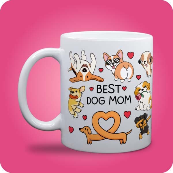 Біла чашка з блискітками "Best Dog Mom" з принтом кумедних собак, вигляд чашки біла з блискітками і без блискіток