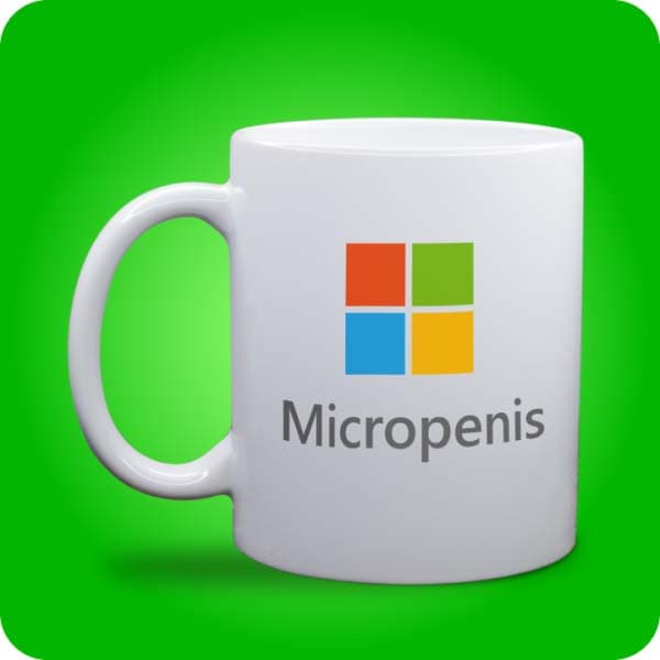 Біла чашка з пародійним логотипом Microsoft і написом "Micropenis", вигляд чашки біла з блискітками і без блискіток