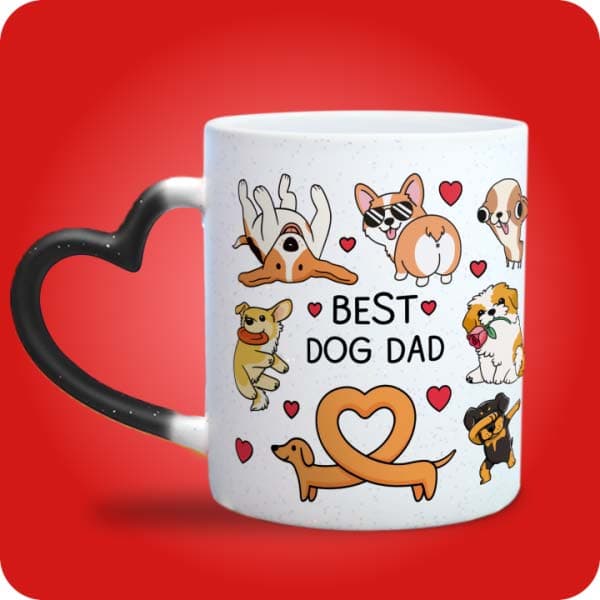 Біла чашка "Best Cat Dad" з принтом кумедних котиків, вигляд чашки хамелеон з ручкою сердечко