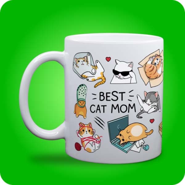 Біла чашка з блискітками "Best Cat Mom" з принтом кумедних котиків, вигляд чашки біла з блискітками і без блискіток