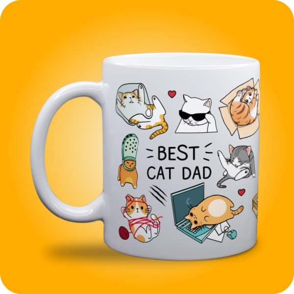 Біла чашка з написом "Best Dog Dad" і принтом кумедних собак, вигляд чашки біла з блискітками і без блискіток
