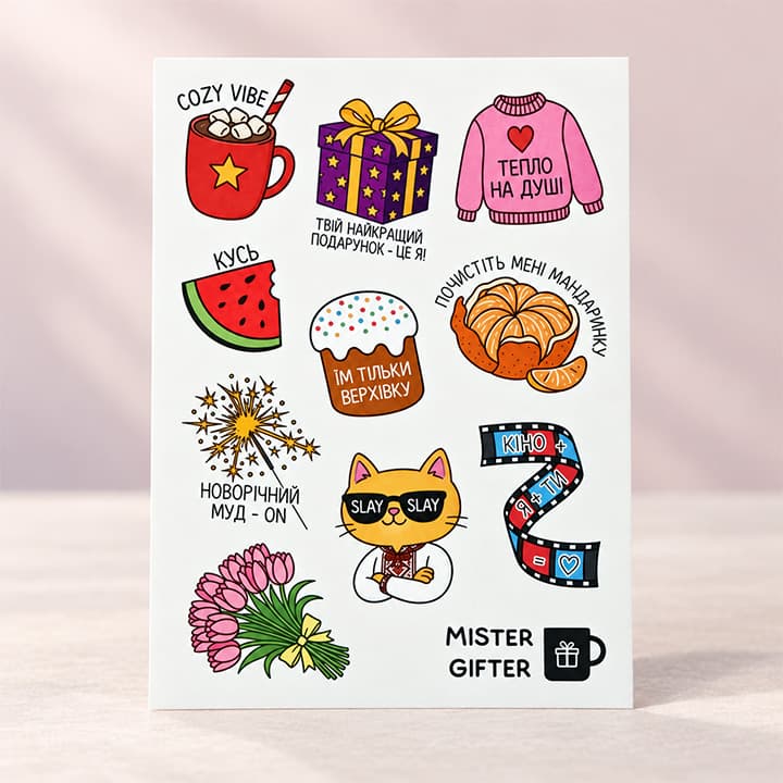 Стікерпак Mister Gifter з котиком, подарунком, чашкою, квітами, солодощами та кумедними українськими написами