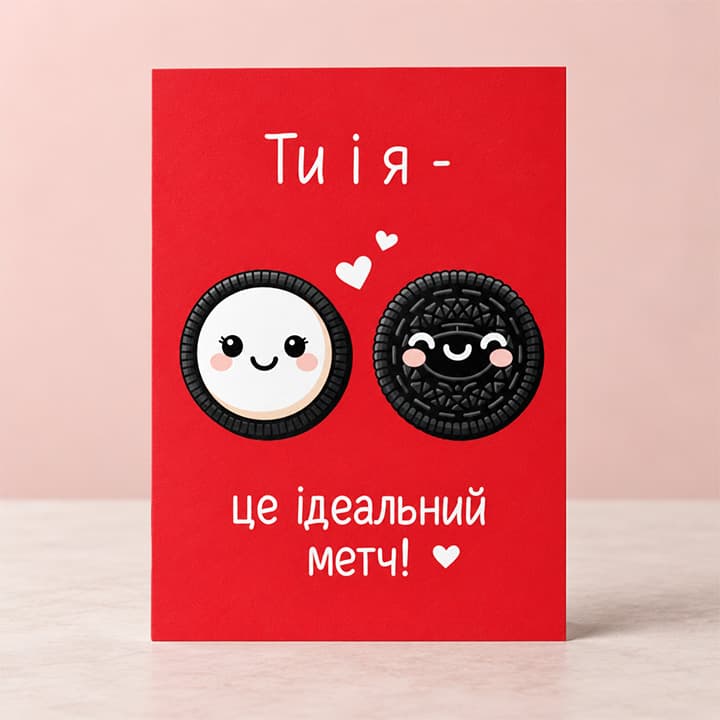 Червона романтична листівка з двома милими половинками печива у стилі Oreo, сердечками та написом "Ти і я - це ідеальний метч!"